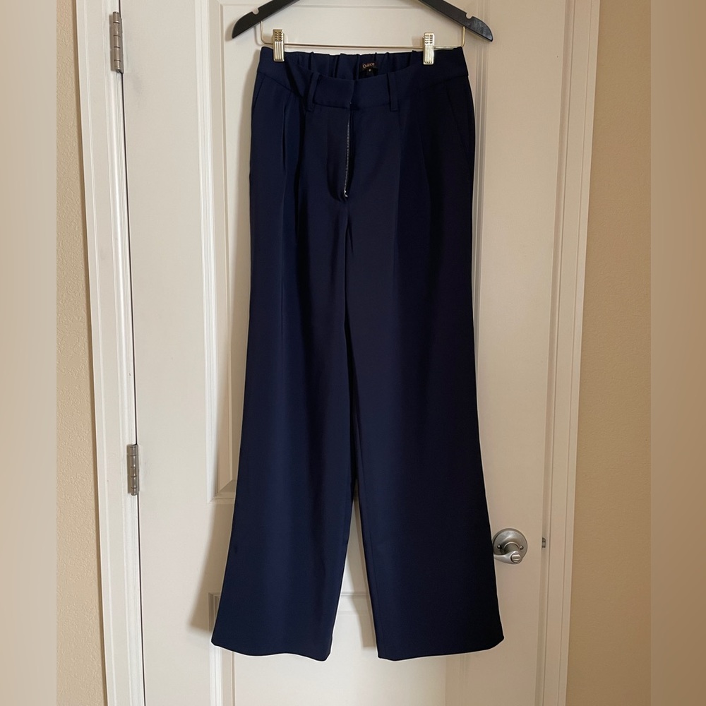 Quince Stretch Crepe Pleated Wide Leg Pant - Navy